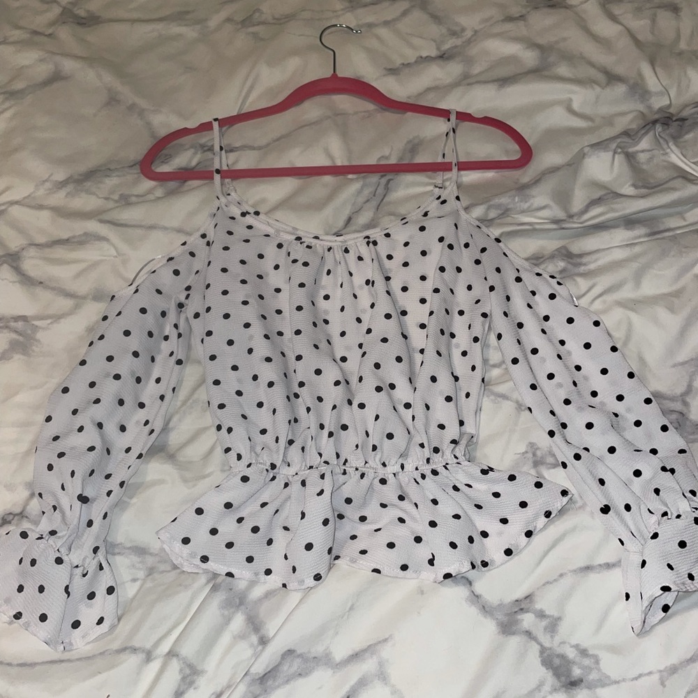 White open shoulder top with black polka dots